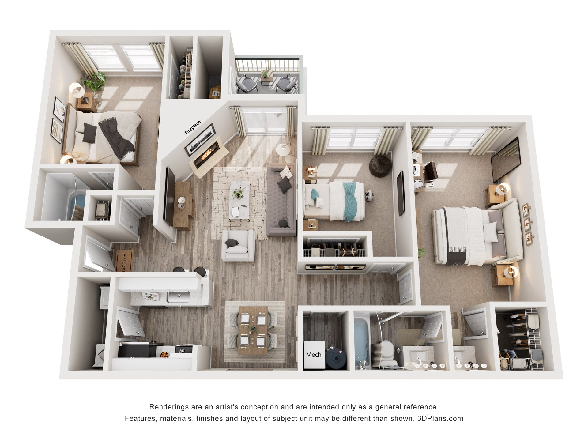 Floor plan for 3 beds, 2 baths, 1100 sqft